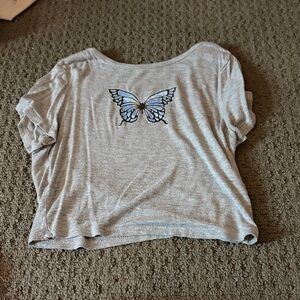 Gray T-Shirt with Blue Butterfly Design